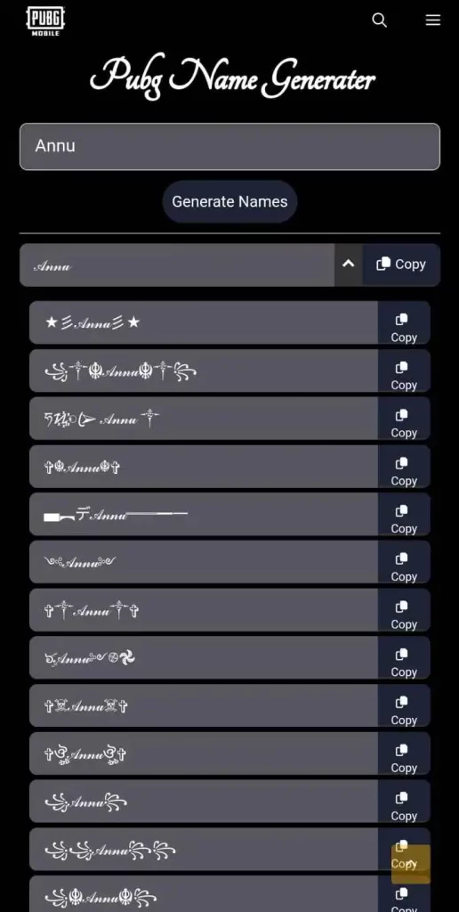 Click on Drop-down For More PUBG Name Style